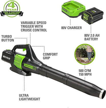 Greenworks 80V (150 MPH / 500 CFM / 75+ Compatible Tools) Cordless Axial Leaf Blower, 2.0Ah Battery and Charger Included