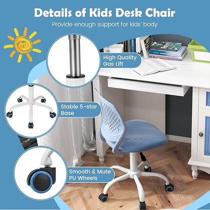 Kids Desk Chair, Blue Ergonomic Kids Office Chair Ages8-12 w/Lumbar Support, Low-Back Teen Desk Chair for Girls Boys, Small Cute Kids Computer Chair for Bedroom/Study/Vanity Desk
