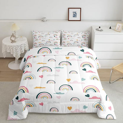 Erosebridal Kids Rainbow Bedding Set, Girly Love Heart Comforter Set Full Size Cartoon Rainbow Cloud Duvet Sets for Girls Boys Women Bedroom Decor, Soft Microfiber Down Comforter 3 Pieces,Colorful