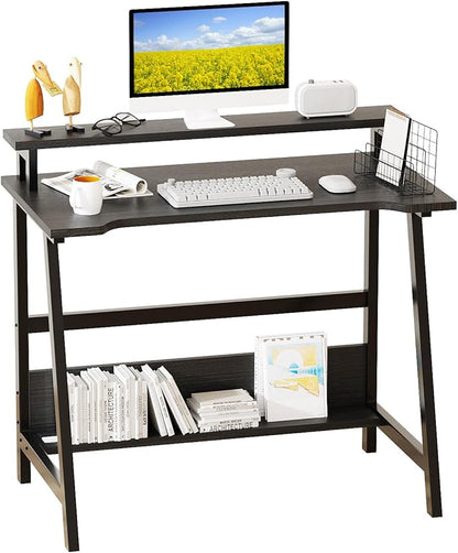 Computer Home Office Desk, 31.5" Desk for Small Spaces with Storage Shelf,Small Computer Desk with Monitor and Bookshelf, Modern Simple Style Laptop Desk