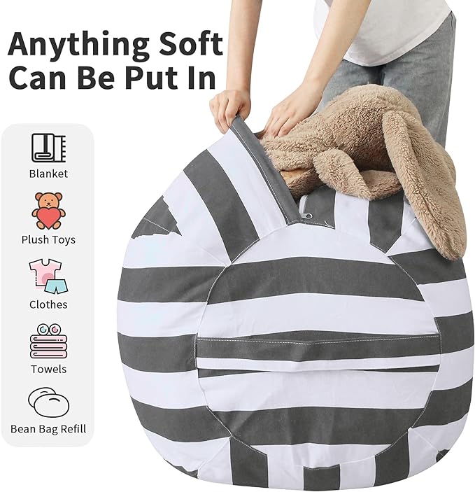 2 PCS Stuffed Animal Storage Bean Bag Chair Cover, Cotton Canvas Beanbag with Zipper for Organizing Kid's and Adults Room Vertical Stripe Grey 24"