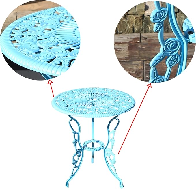 KAI LI Outdoor Furniture Bistro Set with Rose Pattern 1 Table 2 Chairs for Garden Patio Porch (Rose-Light Blue)