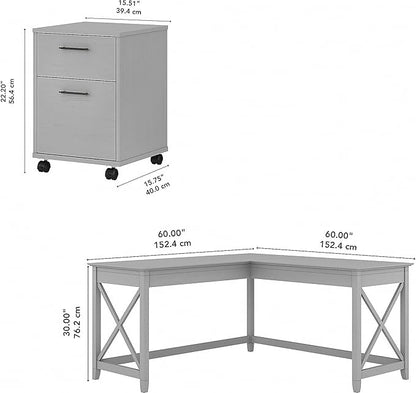 Bush Furniture Key West 60W L Shaped Desk with 2 Drawer Mobile File Cabinet in Cape Cod Gray
