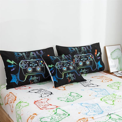 Meeting Story Gamer Gaming Bedding Sets Fluorescence Gamepad Comforter Set for Boys Games Console Action Buttons Novelty Colorful Modern Room Decor Home Quilt Set (Black, Twin6pcs)