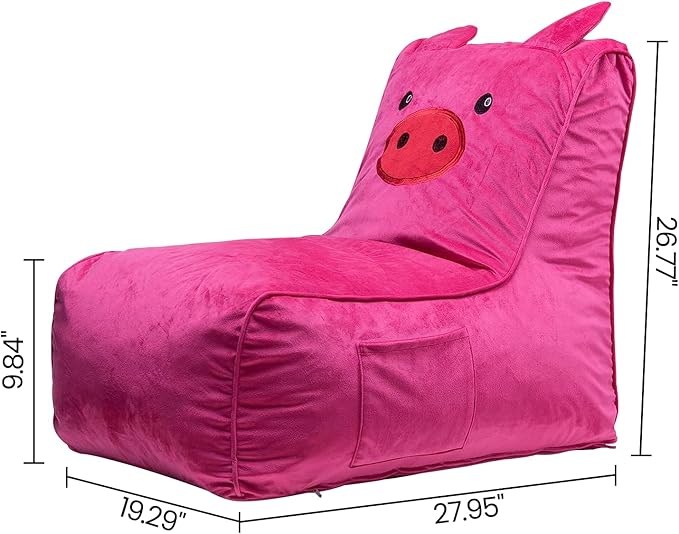 Bean Bag Chair for Kids, Cute Pig L-Shape Animal Bean Bag Sofa with Top Handles and Side Pockets, Cute Soft and Comfy Bean Bag Chair with Filler Included, Ages 1+ Children's Day Gifts