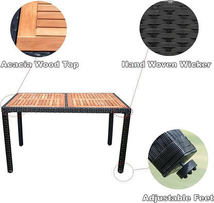 7-Piece Outdoor Dining Table Set with Acacia Wood TableTop and 6 Chairs, Rattan Wicker Patio Furniture for Garden Backyard Poolside, Onesize, Black