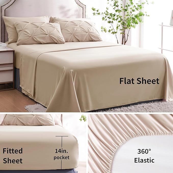 Ubauba 7pc Beige Queen Comforter Set with Sheets, 7 Piece Pintuck Bed in a Bag Ivory with Comforter and Sheets, Off White Bedding Comforters & Sets (Cream, Queen Size)