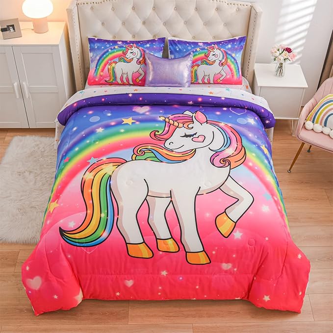 Aimuan Girls Unicorn Comforter Set 6 Pieces Pink Purple Bedding Set with Rainbow Star Galaxy Stars Fantasy Children Room Decor Soft Reversible Bed Sets for Boys/Girls/Teens (Pink-purple Full6Pcs)