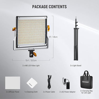 NEEWER 2 Pack Bi Color Dimmable 480 LED Video Light and Stand Kit, 28W 3200K-5600K CRI 96+ LED Panel with U Bracket, 75" Light Stand, Cleaning Cloth, Bag for YouTube Video Recording Studio Photography