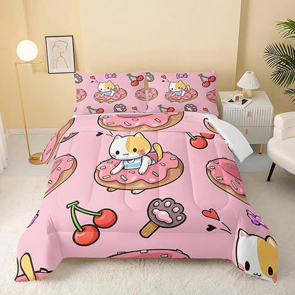 Kawaii Cat Comforter Full Size,Doughnut Cherry Cat Comforter Set for Kids Teens Girls,3Pcs Bedding Set Printed Comforter with 2 Pillowcases,Soft and Lightweight(Pink，Full Size)