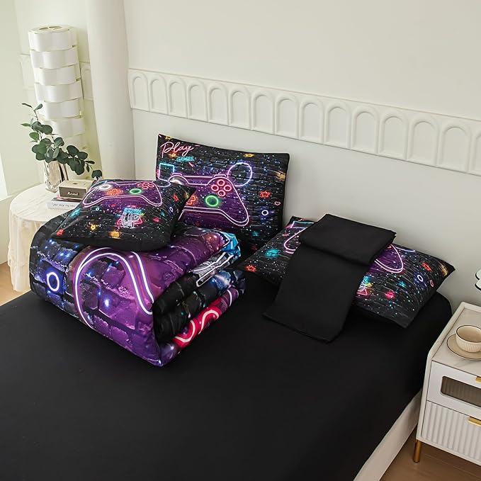 NINENINE Gaming Bedding Sets for Boys,6PCS Queen Size for Boys,Gamer Comforter Kids Teens Bedding Comforter Sheet Set(1Comforter,1Flat Sheet,1Fitted Sheet,1Cushion Cover,2Pillowcases)…