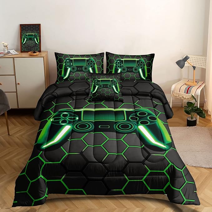 6 Pieces Gaming Bedding Set for Boys Gamer Comforter Set Full Size,Video Game Comforter for Kids Adult 3D Gaming Geometric Microfiber Bedding Sets 6 Pieces Bed in A Bag Sets H50021,Full