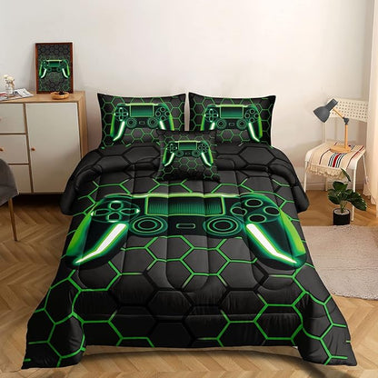 5 Pieces Gaming Bedding Set for Boys Gamer Comforter Set Twin Size,Video Game Comforter for Kids Teen 3D Gaming Geometric Microfiber Bedding Sets 5 Pieces Bed in A Bag Sets H50021,Twin