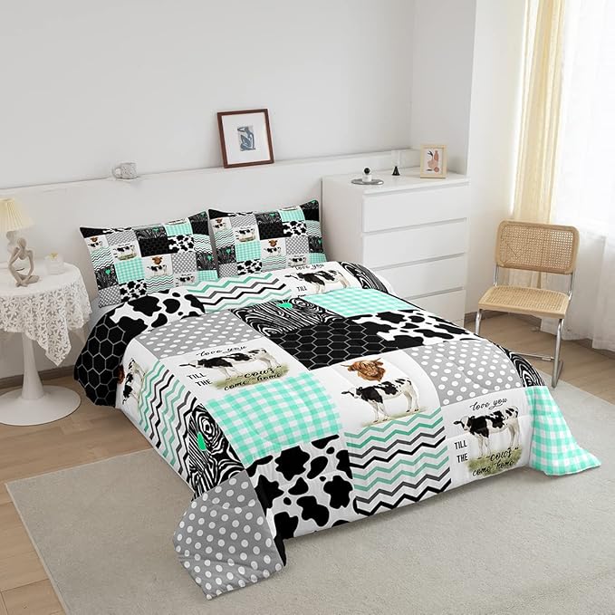 Erosebridal Cute Cow Print Comforter Set Full Size Kawaii Highland Cow Bedding Set Bedroom Decor Honeycomb Plaid Pattern Geometric Stripes Down Comforter Farm Animals Duvet Set, Green Black Grey