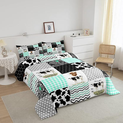 Erosebridal Cute Cow Print Comforter Set Full Size Kawaii Highland Cow Bedding Set Bedroom Decor Honeycomb Plaid Pattern Geometric Stripes Down Comforter Farm Animals Duvet Set, Green Black Grey