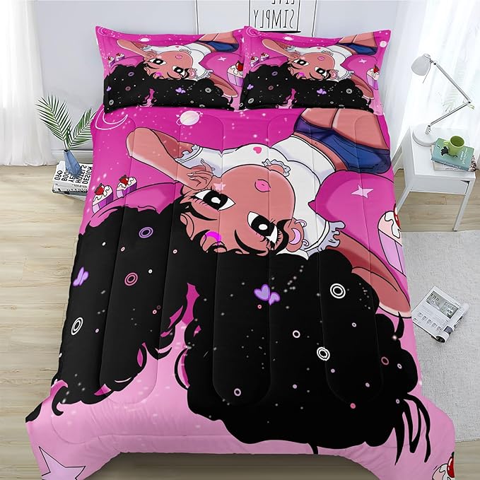 African American Black Girl Comforter Set, Twin Size Bedding Set for girls, Pink Black Girls Bedroom Decor Bed Set, Princess Bedding Set with 1 Comforter and 2 Pillow Cases