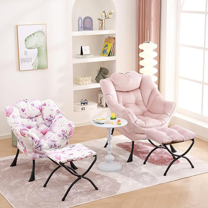 Welnow Toddler Kids Lazy Chair with Ottoman, Glow in The Dark Accent Comfy Lounge Children Armchair Couch with Removable Cover, Detachable Reading Chair with Footrest for Boy or Girl, Pink Elephant