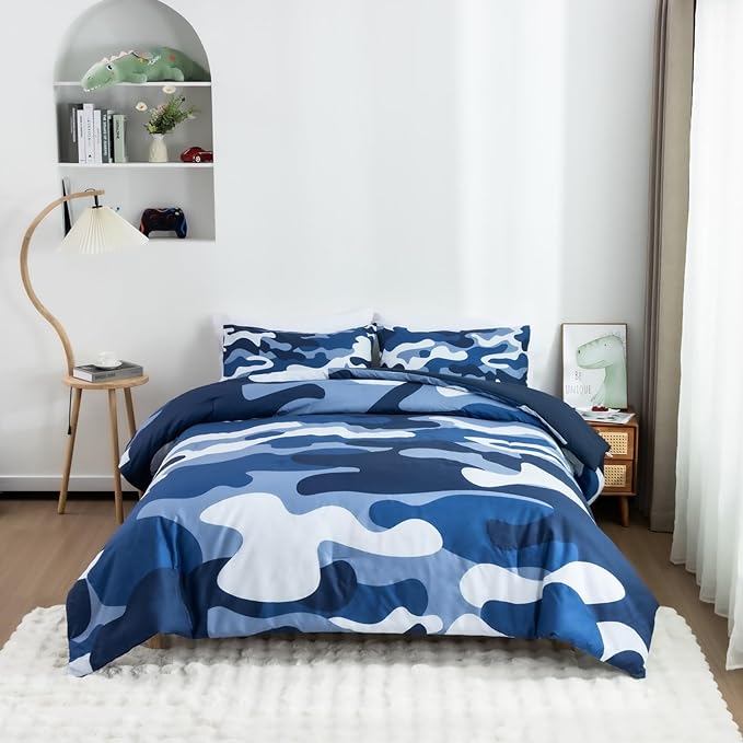 Meeting Story Camouflage Bedding Set, Colorful Pattern Style Comforter Set, 5 PCS One Comforter Two Pillowcases Two Sheets in One Bag, All Season Bedspread for Teens Adults (Navy,Twin 5Pcs)