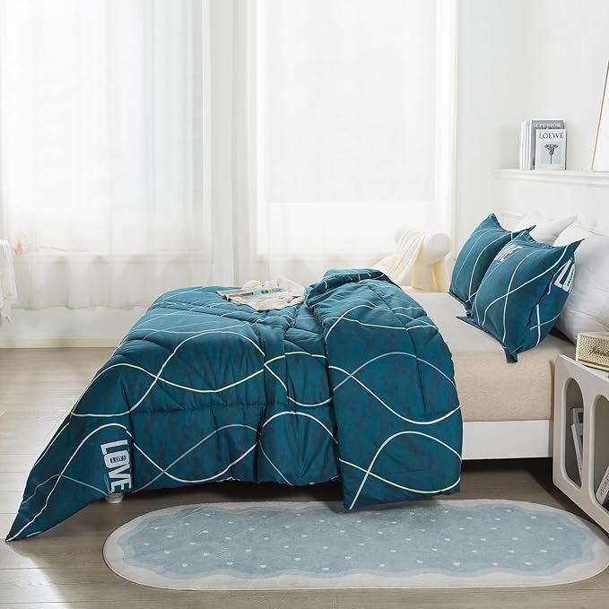 Blue Green Comforter Set King Size, 3 Pieces Modern Lines Pattern with Love, Soft Microfiber Bedding Comforter Set, Down Alternative Comforters for All Season (104 * 90’’)