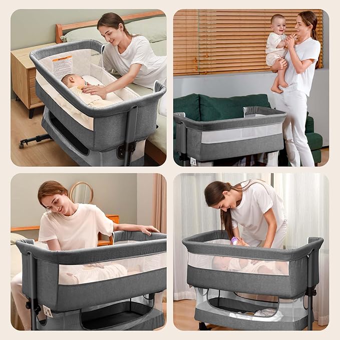 Baby Crib,3 in 1 Baby Bassinet Bedside Crib Adjustable Portable Bed for Infant,Baby Newborn Must Have Bed,Grey