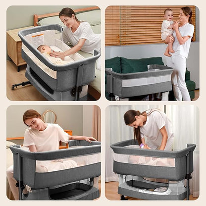 Baby Crib,3 in 1 Baby Bassinet Bedside Crib Adjustable Portable Bed for Infant,Baby Newborn Must Have Bed,Grey