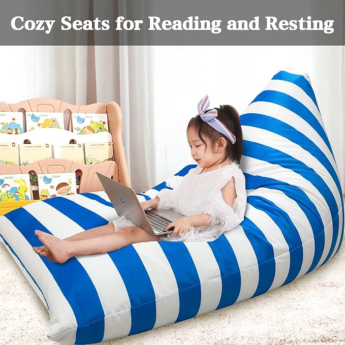 Jorbest Bean Bag Stuffed Animal Storage, Luxury Velvet Bean Bag Covers Only without Filling, Stuffed Animal Bean Bag Storage, Bean Bag Chair for Adults and Kids, (Stripe White Blue, 200L/52 Gal)