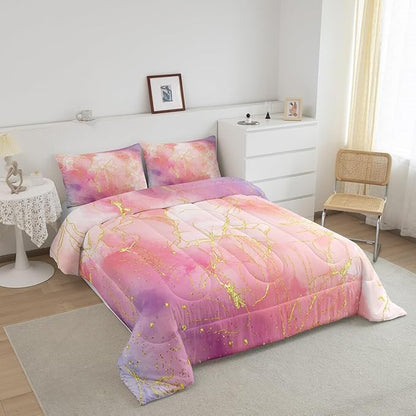 Pink Marble Bedding Comforter Sets Full Size, Tie Dye Marble Decor Comforter Set for Boys Girls Women Bedroom, Gold Bronzing Marble Bedding Pink Purple Modern Abstract Quilt with 2 Pillowcases