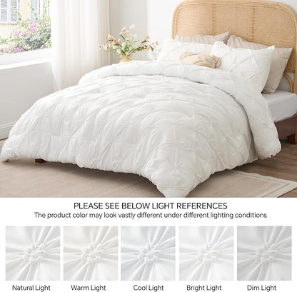 BEDELITE White King Size Comforter Set - 3 Pieces Boho Pintuck Bedding Comforter Sets, Lightweight Soft & Warm King Bedding Set with 2 Pillowcases for All Season