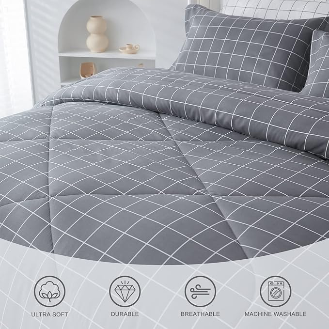 Andency Grey Grid Comforter Set Queen Size (90x90 inch), 3 Pieces (1 Grey Comforter and 2 Pillowcases), Summer Lightweight Microfiber Down Alternative Bedding Comforter Sets with White Lines