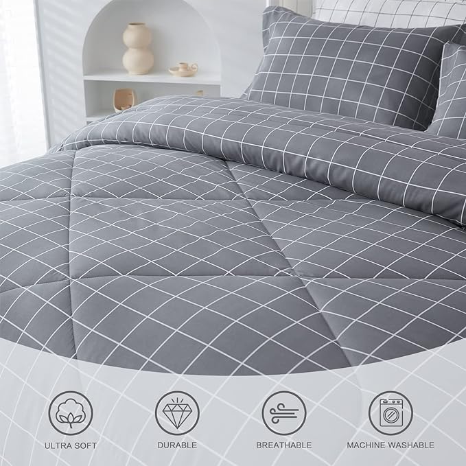 Andency Grey Grid Comforter Set King Size (104x90 inch), 3 Pieces (1 Grey Comforter and 2 Pillowcases), Summer Lightweight Microfiber Down Alternative Bedding Comforter Sets with White Lines