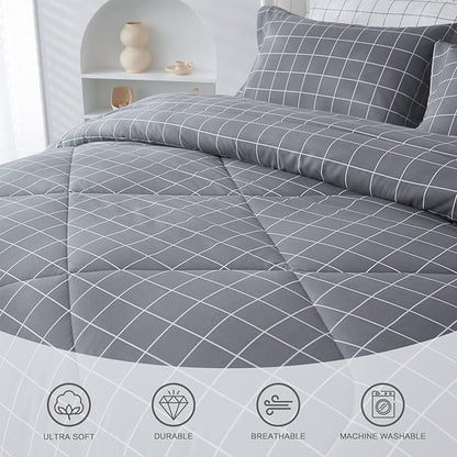 Andency Grey Grid Comforter Set Full Size (79x90 inch), 3 Pieces (1 Grey Comforter and 2 Pillowcases), Summer Lightweight Microfiber Down Alternative Bedding Comforter Sets with White Lines
