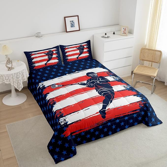 Lacrosse Comforter Set Full Size Boys Gilrs American Flag Sports Theme Bedding Set for Kids Adults Ultra Soft Lacrosse Player Games Comforter Navy Blue Duvet Set Room Decor Quilt Set