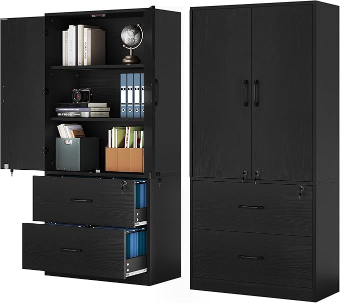 YITAHOME Wood File Cabinets, Heavy Duty Garage Tool Cabinets with Doors & Adjustable Shelves, Big Storage Filing Lockers for Home Office, Living Room, Pantry, Gym, Basement, Warehouse, Black