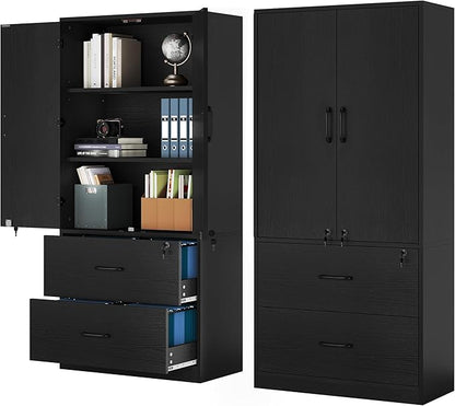 YITAHOME Wood File Cabinets, Heavy Duty Garage Tool Cabinets with Doors & Adjustable Shelves, Big Storage Filing Lockers for Home Office, Living Room, Pantry, Gym, Basement, Warehouse, Black