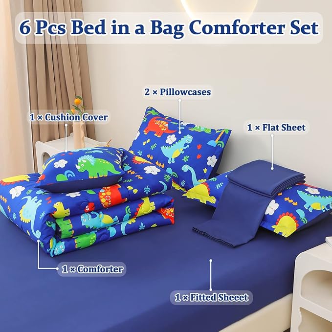 Dinosaur Comforter Set for Boys, 6 Pcs Bed in a Bag Twin Blue Dinosaur Wild Park Jungle Print Kids Bedding Set with Sheets
