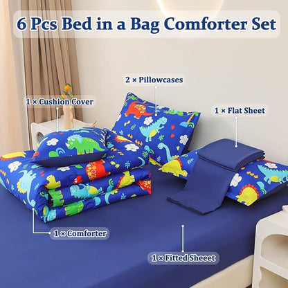 Dinosaur Comforter Set for Boys, 6 Pcs Bed in a Bag Twin Blue Dinosaur Wild Park Jungle Print Kids Bedding Set with Sheets