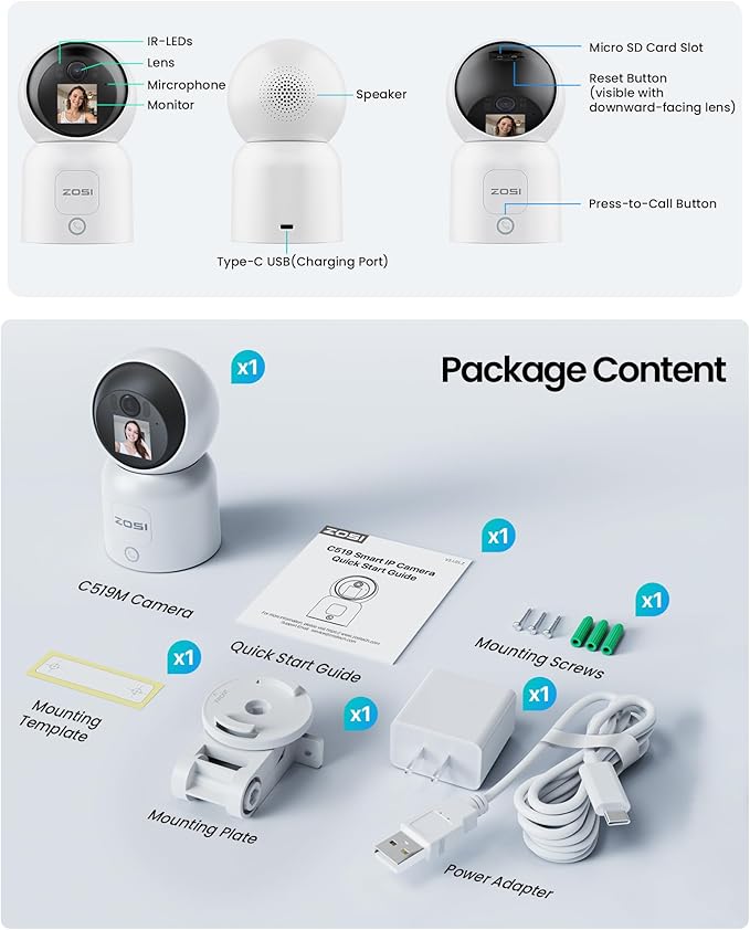 ZOSI 4MP 2 Way Video Security Camera, C519M 360° View Baby/Pet Dog Monitor, 2.5K Plug-in 2.4G/5G Dual-Band WiFi Smart Home Indoor Cam,One-Touch Call,Human Detection,Pan/Tilt,Cloud & SD Card Storage