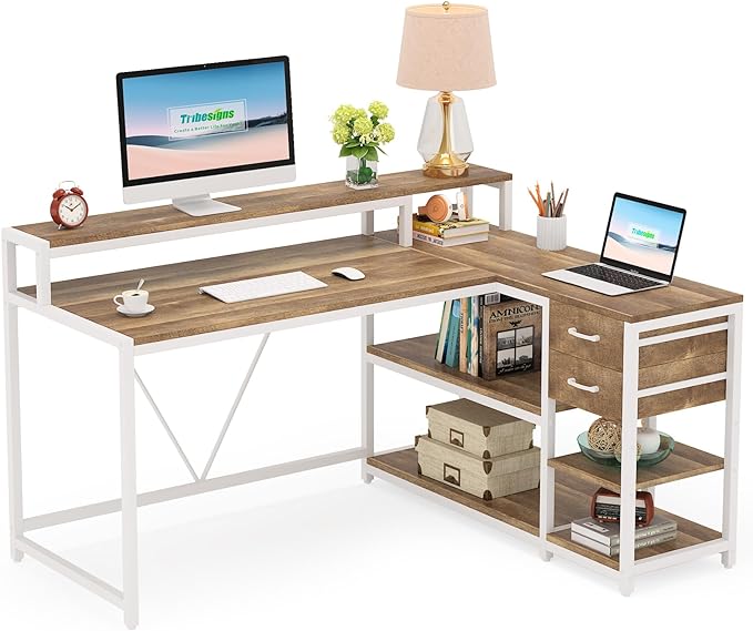 Reversible L-Shaped Computer Desk with hutch & Shelf,white