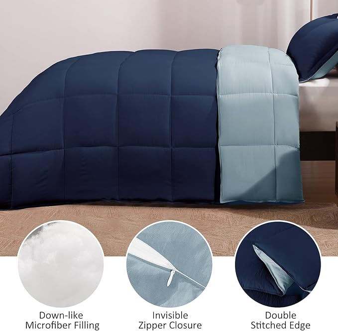 Basic Beyond Queen Comforter Set - Fluffy Comforter Queen Set for All Seasons - Reversible Blue Comforter Set Queen for Mens - 3 Pieces (1 Comforter + 2 Pillow Shams) - Blue/Sapphire