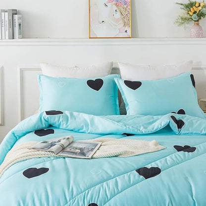 Love Pattern Girls Comforter Set King Size, Sky Blue Cute Love Heart Print Comforter Bedding Set for All Seasons, Geometric Soft Microfiber 3 Pieces Comforter Set with Pillowcases