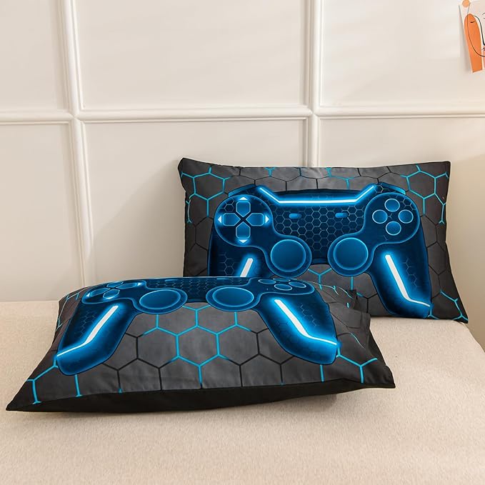 NTBED Game Console Comforter Set for Boys Girls Kids 3D Gaming Geometric Lightweight Microfiber Bedding Sets (Blue, King)