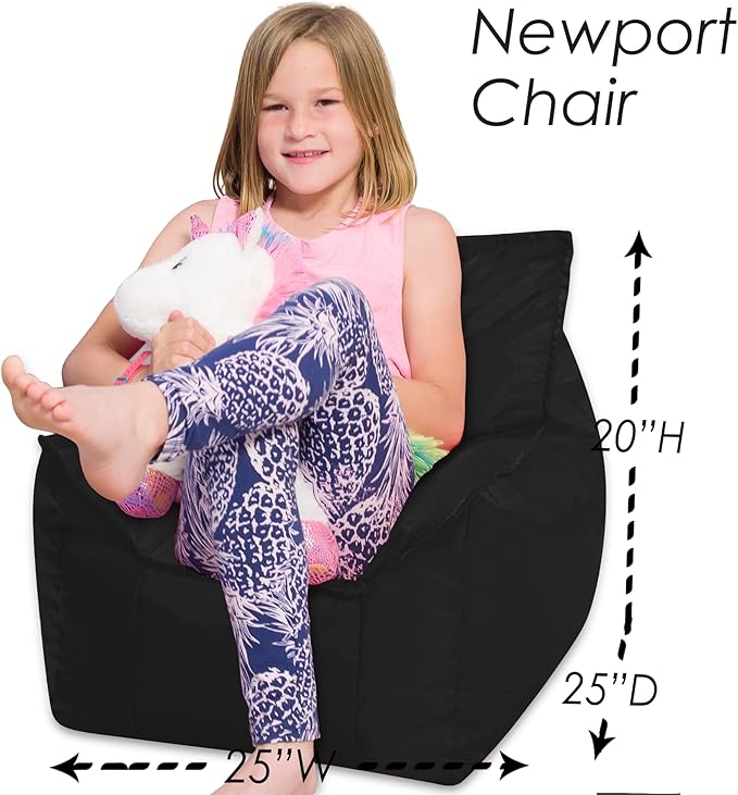 Posh Creations Structured Comfy Bean Bag Chair for Gaming, Reading, and Watching TV, Newport Chair, Microsuede - Black