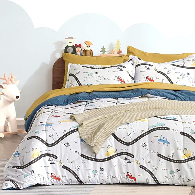 SLEEP ZONE Kids Twin Bedding Comforter Set - Super Cute & Soft Kids Bedding 5 Pieces Set with Comforter, Sheet, Pillowcase & Sham (Car Road)