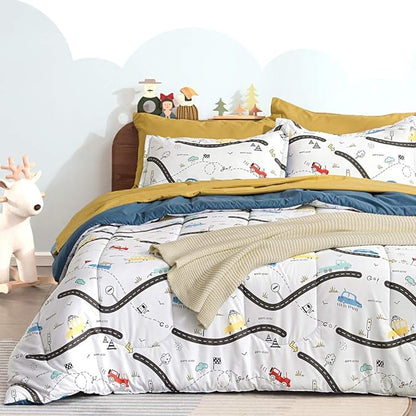 SLEEP ZONE Kids Twin Bedding Comforter Set - Super Cute & Soft Kids Bedding 5 Pieces Set with Comforter, Sheet, Pillowcase & Sham (Car Road)