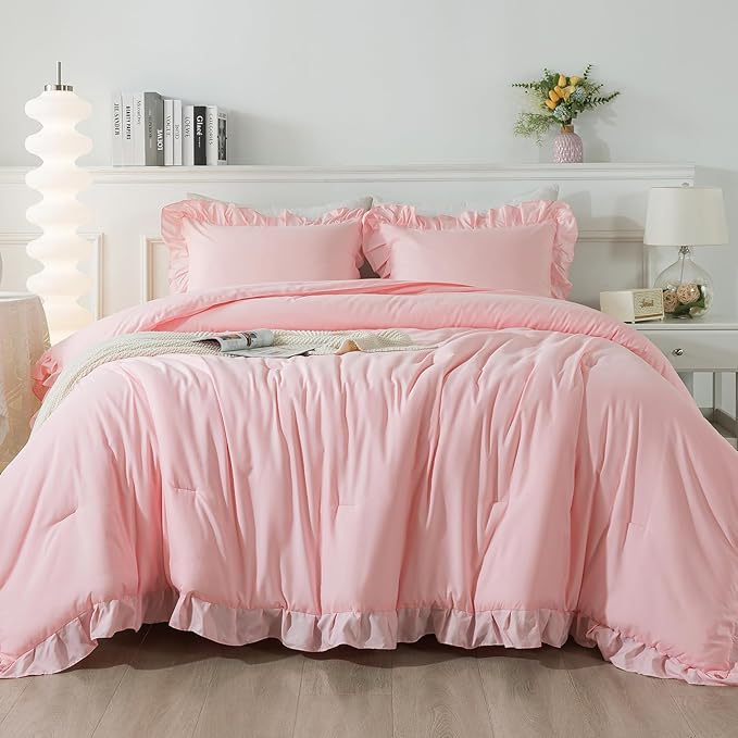 Andency Pink Ruffle Comforter King, 3 Pieces Solid Farmhouse Shabby Chic Comforter, Vintage Rustic Lightweight Soft Microfiber Bedding Set All Season (104x90Inch Comforter)
