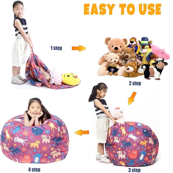 Stuffed Animal Storage Bean Bag Chair Cover, Hold Kids Plush Toys Blankets Towels Beanbag (Cover Only), Canvas Floor Circle Stuff Sit Seat Sofa with YKK Zipper, Extra Large 38", Cat