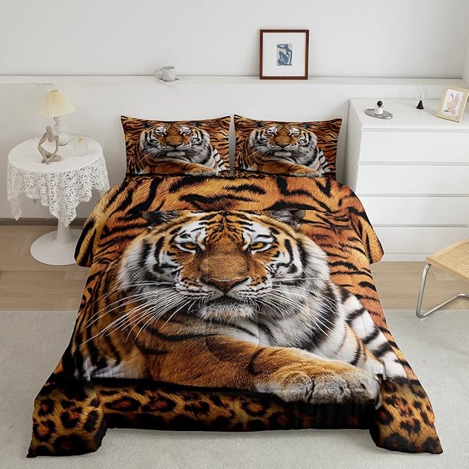 Tiger 3D Print Comforter Set Full Size Wild Animals Bedding Set 3pcs for Kids Teens Room Decor,Animal Fur Quilt Set Soft Breathable Duvet Insert with 2 Pillowcases