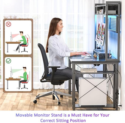 armocity 2024 Upgrade Gaming Desk with Hutch, 55.2'' Magic Computer Desk with LED and Outlets, Reversible Workstation Desk with Pegboard, Grey/Black