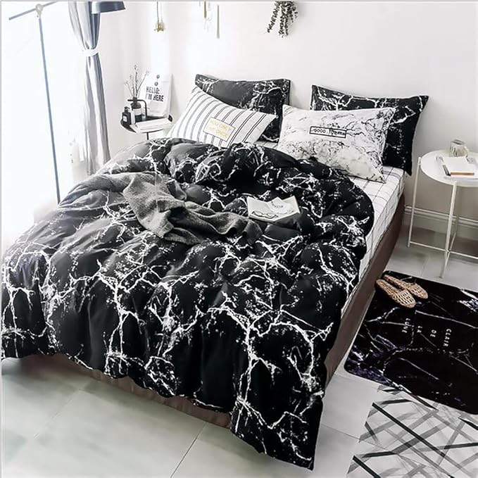 Bedding Set - Full Black Marble 3 Pcs Comforter Set - Includes 1 Comforter, 2 Pillow Covers Cotton, Soft, Breathable, Luxurious, Unisex, All Seasons, Machine Wash