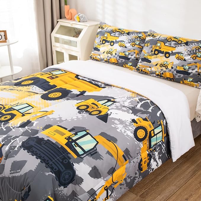 Feelyou Kids Construction Comforter Set Queen Size Bedding Sets for Boys Toddler Children Cartoon Excavator Tractor Comforter Set Construction Machinery Truck Duvet Set Baby Boys Vehicles Cars Bed Set